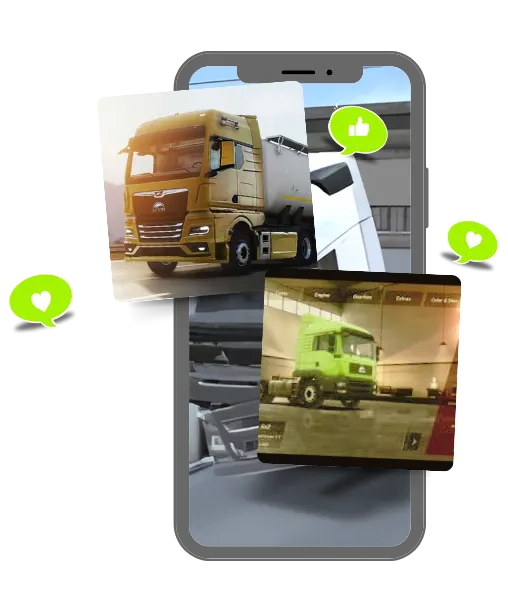 Mobile app interface showing multiple truck images with like icons, displaying a modern truck comparison or selection feature.