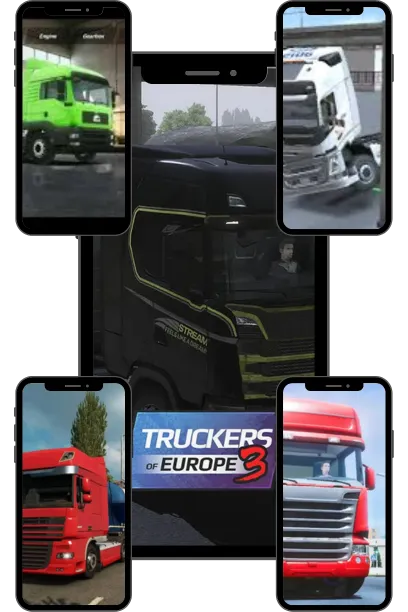 Collage of mobile screens showing various truck models and gameplay scenes from the Truckers of Europe 3 simulation game.