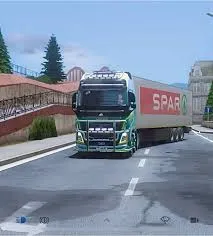Cargo truck with SPAR trailer driving through the city in Truckers of Europe 3 gameplay